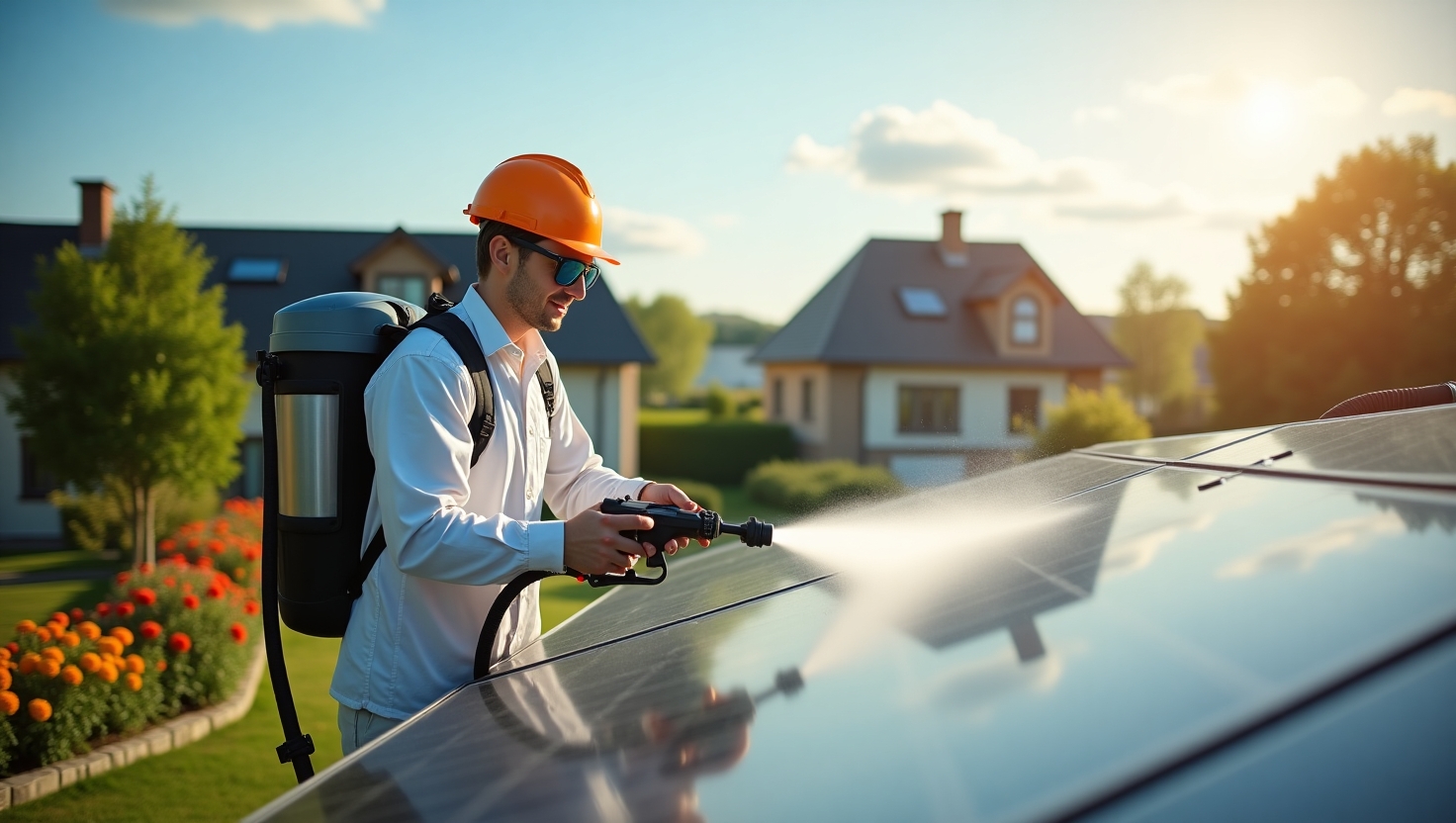 A window cleaner in a blue uniform uses a squeegee to clean a large glass window, with a clear sky and building in the background.